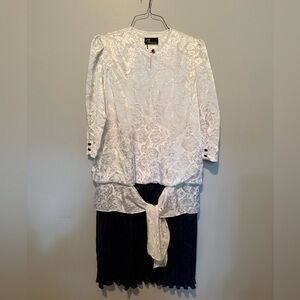Vintage White Floral Jacquard Blouse with Navy Skirt Set - C.J. Selections